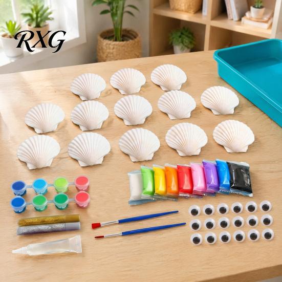 Children Shell Painting Kit 1/2 Sets DIY Craft Kit, with Natural Shells, Modeling Clay, Pigments, Art Glue, Eyes, Handmade Seashell Crafts Supplies