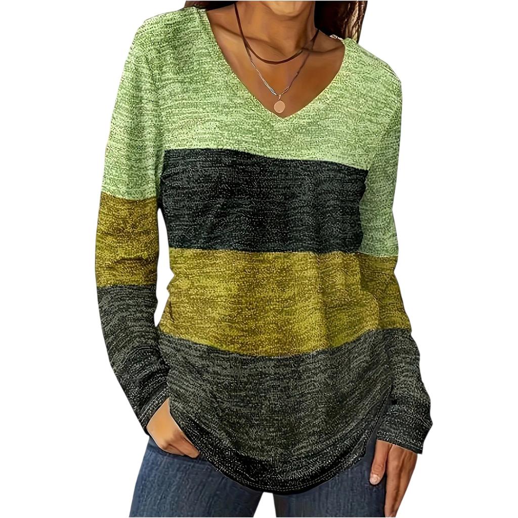 Women's Color Blocked Casual Fashion Long Sleeved V-neck T-shirt Top