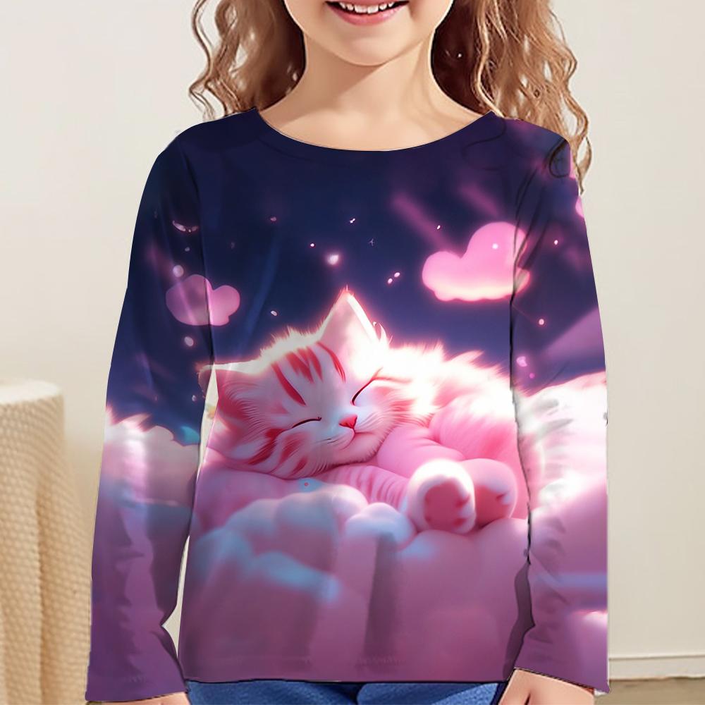Cute Cartoon Cat Print Clothes Autumn Children Top Round Neck Long Sleeve T-Shirt Fashionable Comfortable Versatile Leisure T-shirt