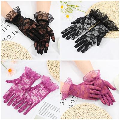 UV Protection Mittens White Bride Gloves Rose Flower Pattern Lace Gloves Party Dressy Gloves