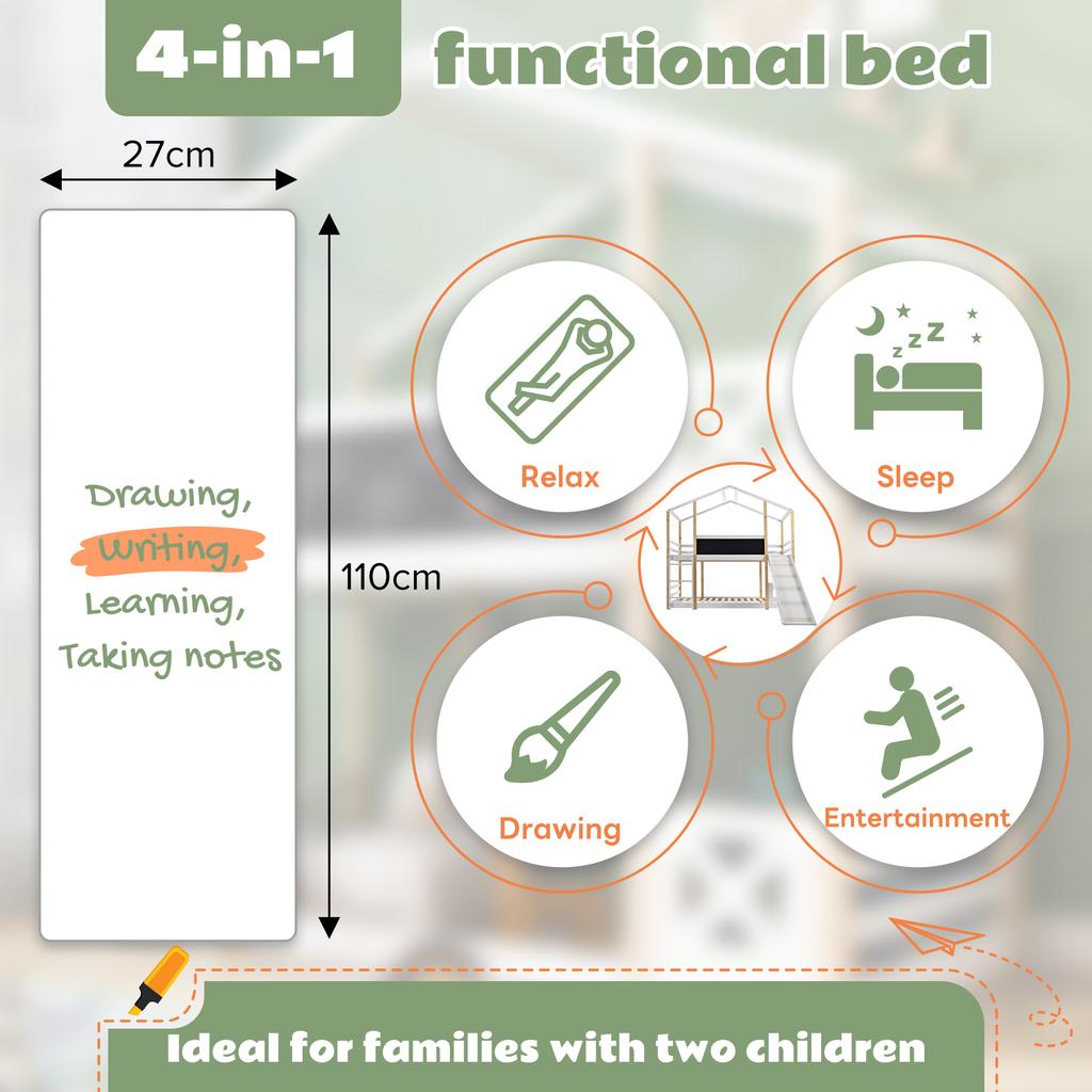 (=517234AAW) Children's Bed Treehouse with Slide & Ladder 90 X 200 Cm, Loft Bed for Children – 2x Slatted Frame - Natural & White