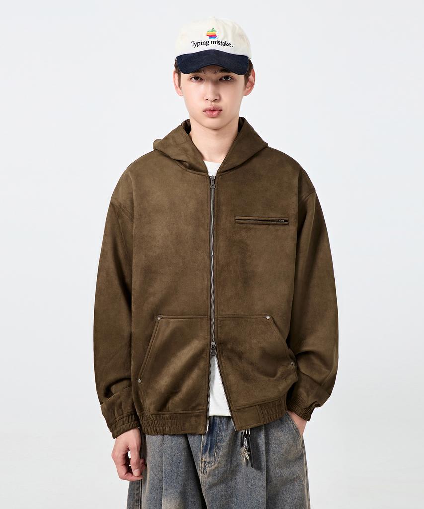 Dimitri Black 2Way Faux Suede Zip-Up Hoodie_Brown