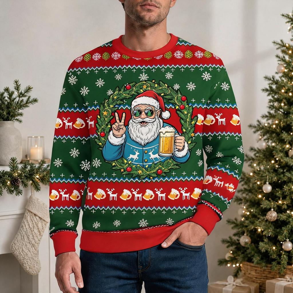 Men's Casual Pullover with Christmas Print Round Neck Long Sleeve Winter Top