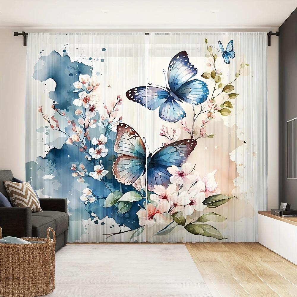 2 Paneele Schmetterling Voile Gardine Transparent Vorhang für Schlafzimmer Wohnzimmer Jalousien Fenstergröße kann angepasst werden 240*270