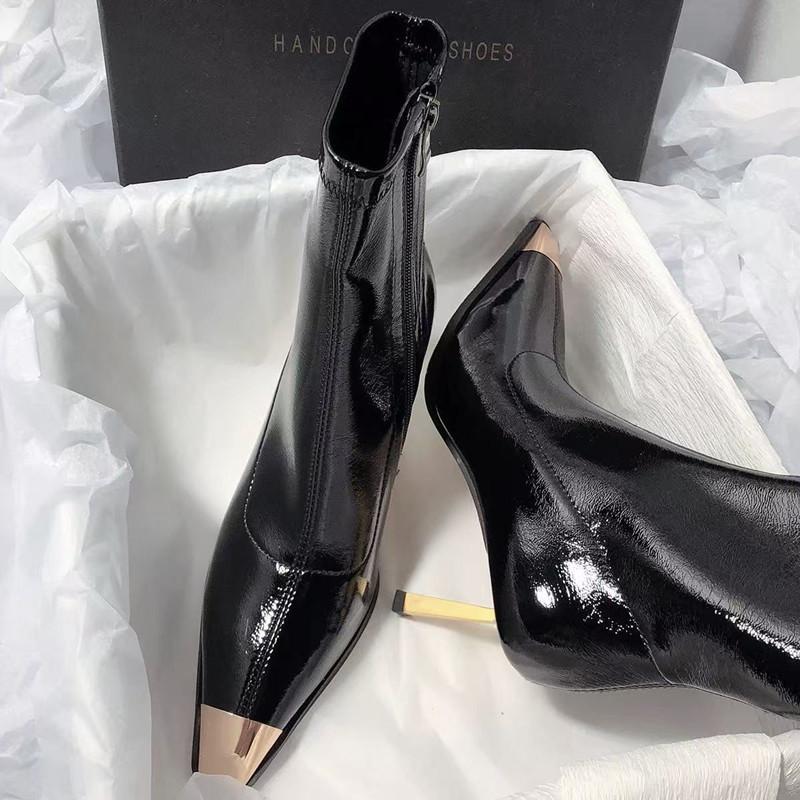 Fashion Star style Fashion Patent Leather Metal Square toe Women Ankle Boots Autumn Winter Stiletto High heels Chelsea Short Boots Shoes
