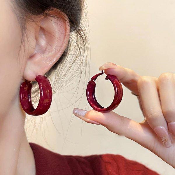 Vintage Wine Red Retro Stud Earrings For Women Dripping Oil Love Heart Shape Round Square Geometric Earring High Sense Jewelry