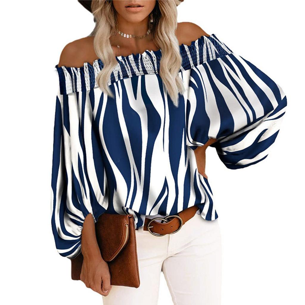 Women's Casual Striped Print Sexy One-Shoulder Long-sleeved Chiffon Shirt