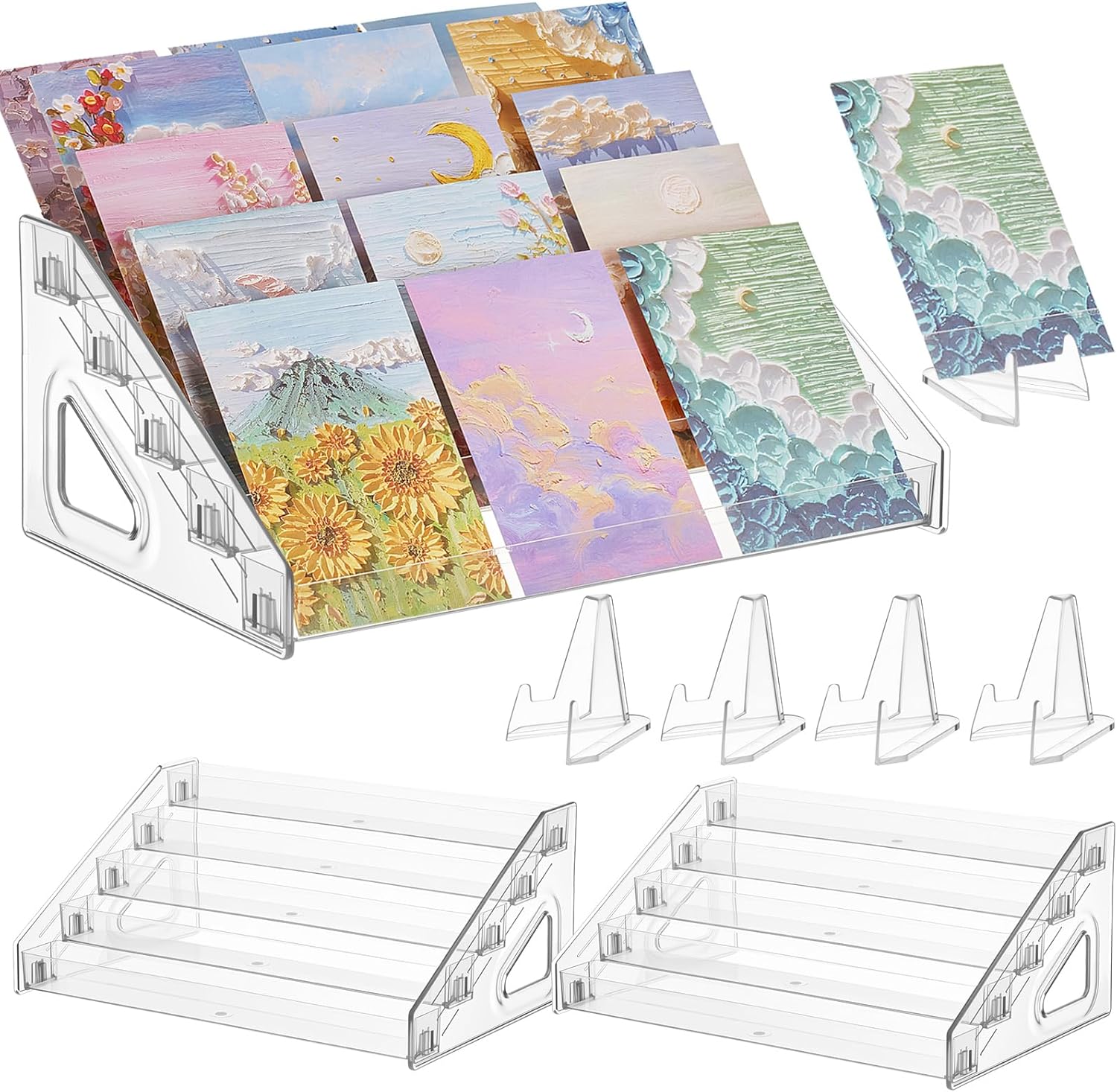 

2 Pack 5 Tier Acrylic Card Display Stand with 4 Mini Triangle Display Holder for Greeting Sports Cards,Postcards, Business Cards чистий