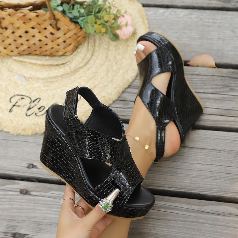 Fashion Wedge Heel Fish Mouth Sandals Summer New Women's Shoes Black Open-toed High Heels