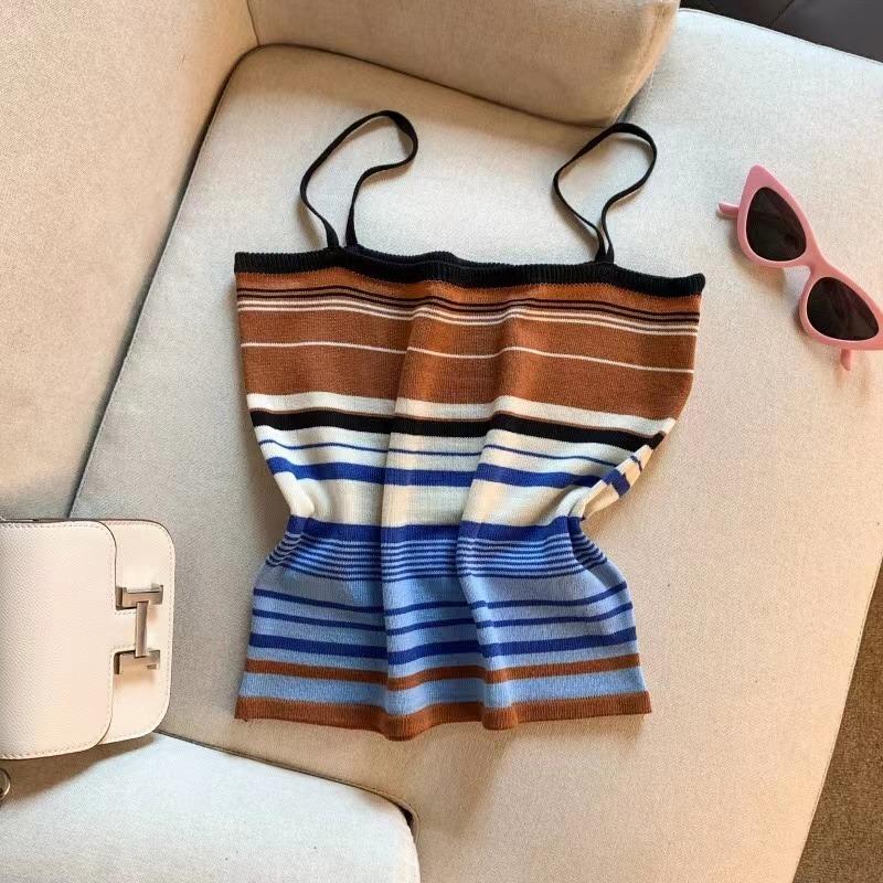 Elastisk regnbueprint ribbestrikket colorblock tanktopp strikket avslappet ermeløs rundhalset topp dameklær crop top