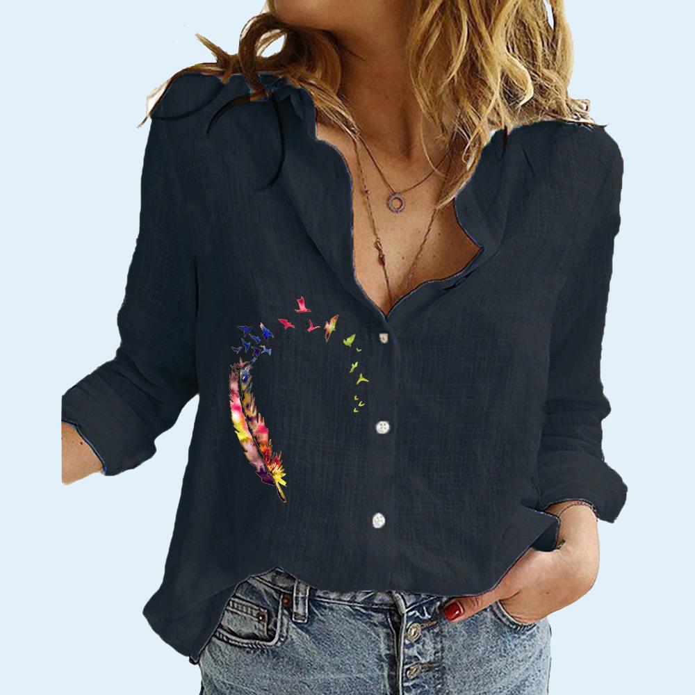 Women Fashion Long Sleeve Shirt Summer&fall Loose Cotton Linen Shirt Female Casual Print Buttoned Blouses