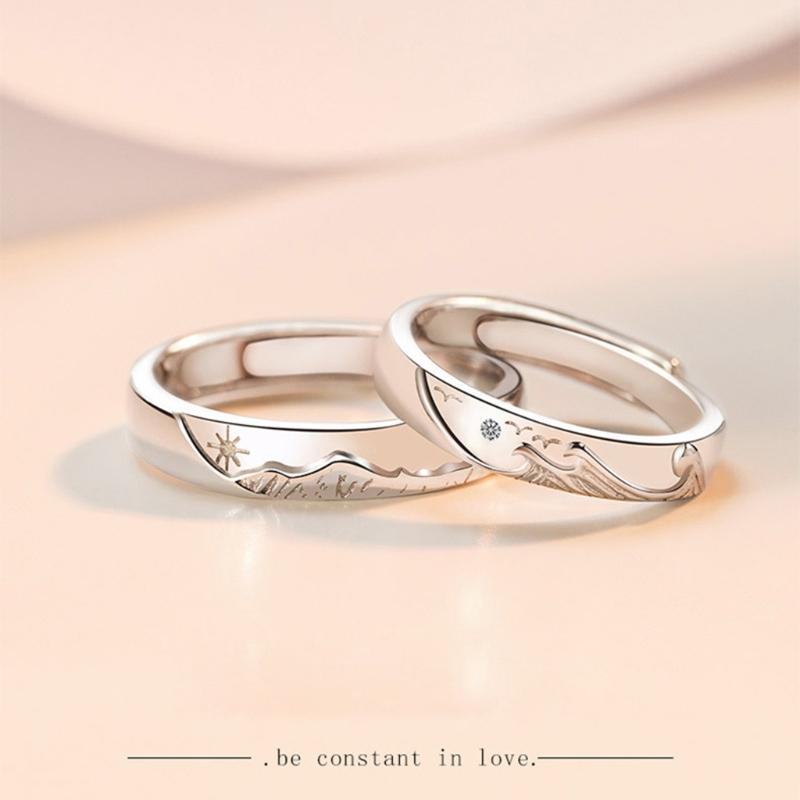 Matching Rings Mountain Sea Promise Band Rings Open Ring Adjustable Lovers Ring Set for Him Her Girlfriend Boyfriend