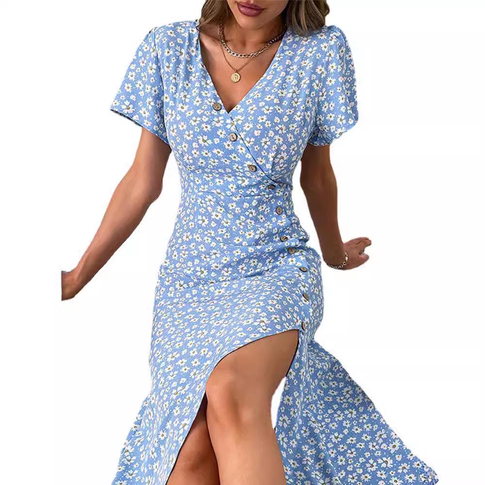 Pastoral Floral V-Neck Puff Sleeve Slimming Long Dress