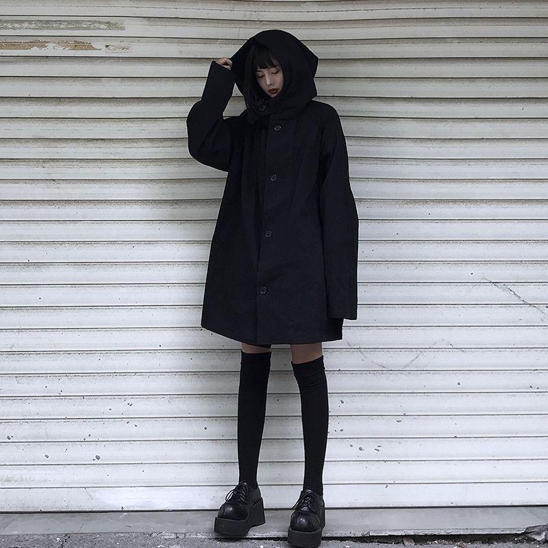 Korean Style Hooded Mid-Length Windbreaker for Women - Loose-Fit Harajuku Spring/Autumn Trend