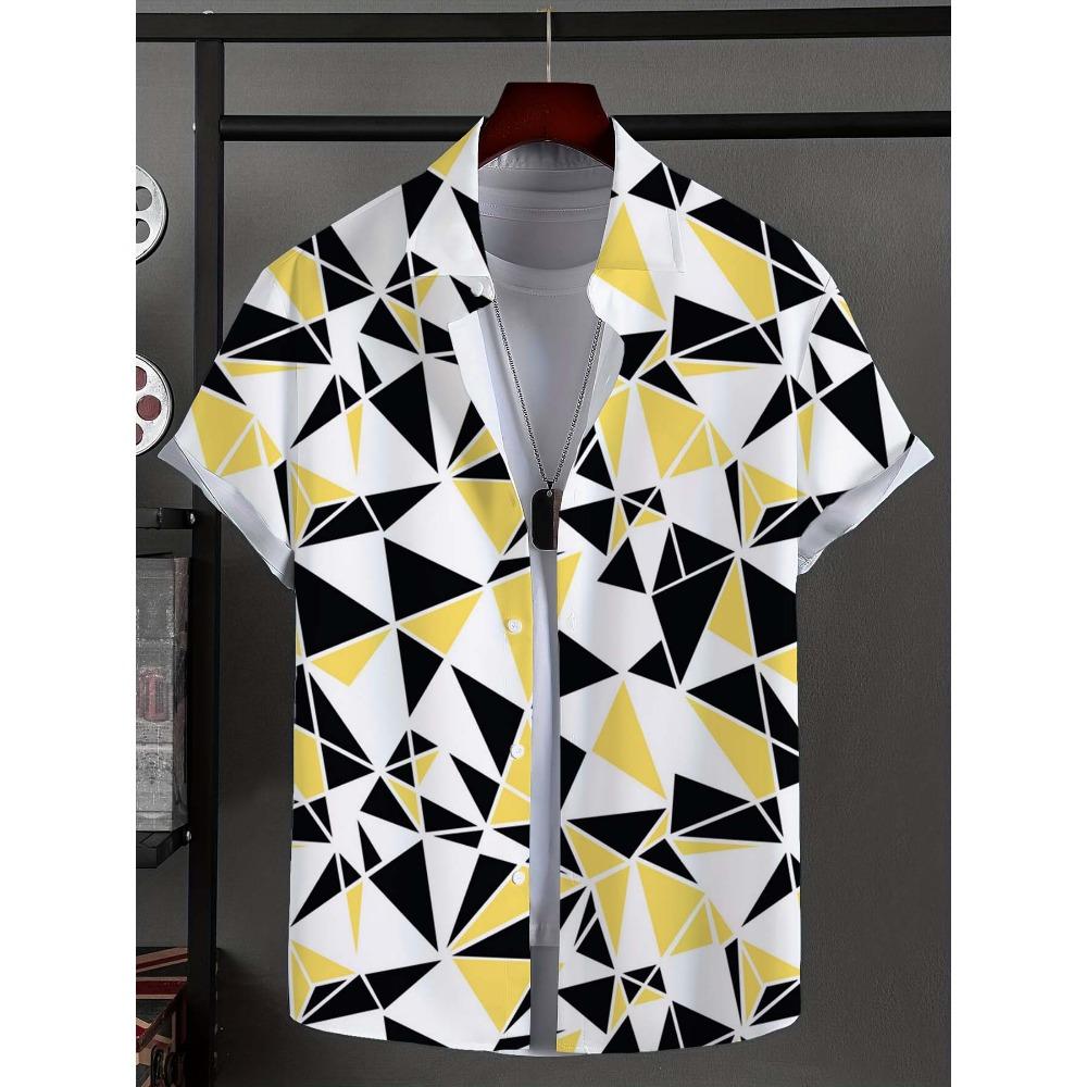 Men's shirt with novel striped patchwork pattern button up shirt, fashionable and casual new unisex shirt, vacation collar short sleeved shirt