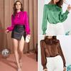 Camicia da Donna Collo Alto con Volant Manica Lunga Pullover Top Tinta Unita Seta Satinata Camicia Ampia Top Casual