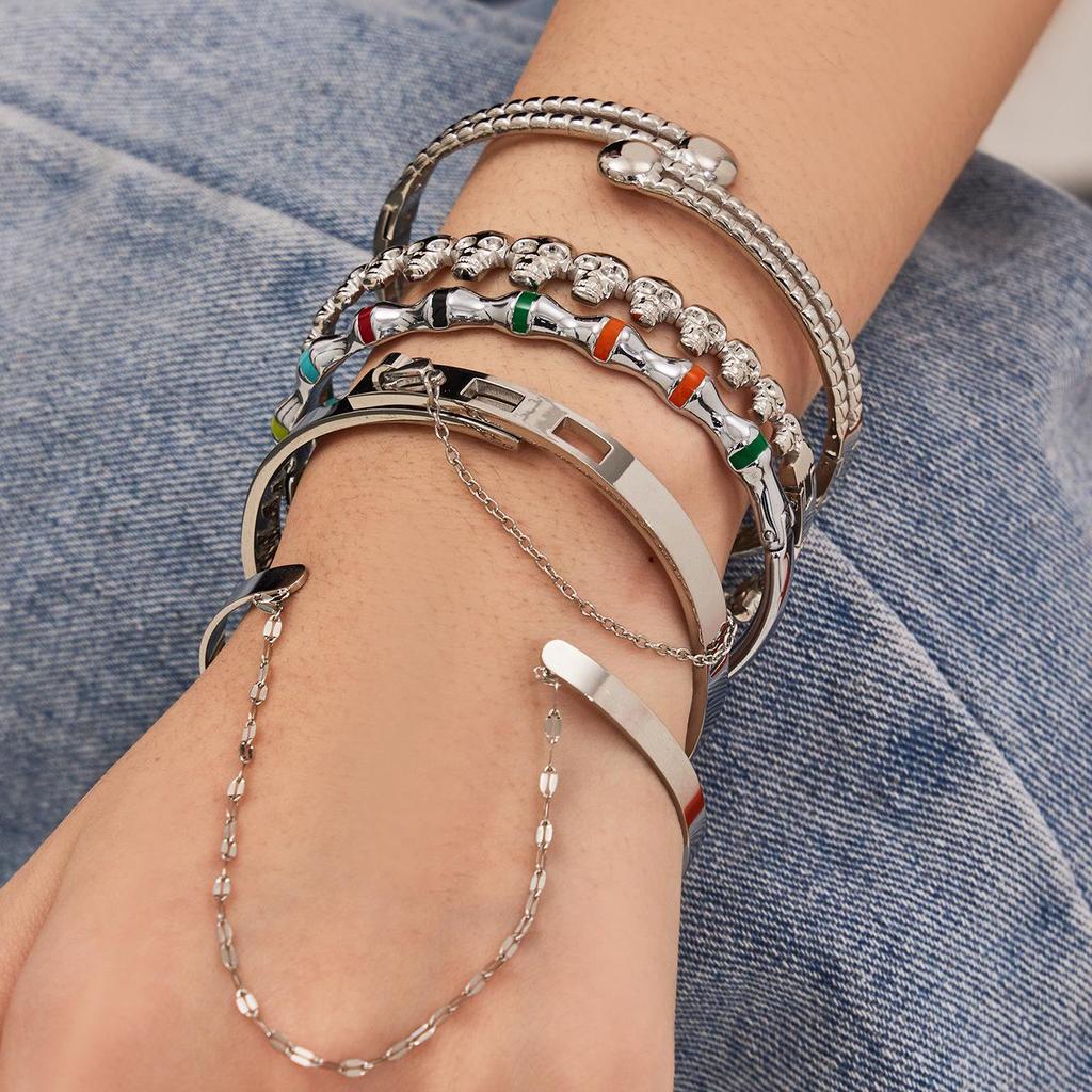 Modern Chinese Style Stone Pendant Gold-Plated Stainless Steel Geometric Bracelet