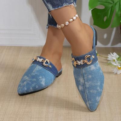 Fashion Large Size Baotou Slippers Women's Flat Pointed Denim Half Drag 2024 Summer New Fashion Sandals and Slippers Zapatos De Mujer