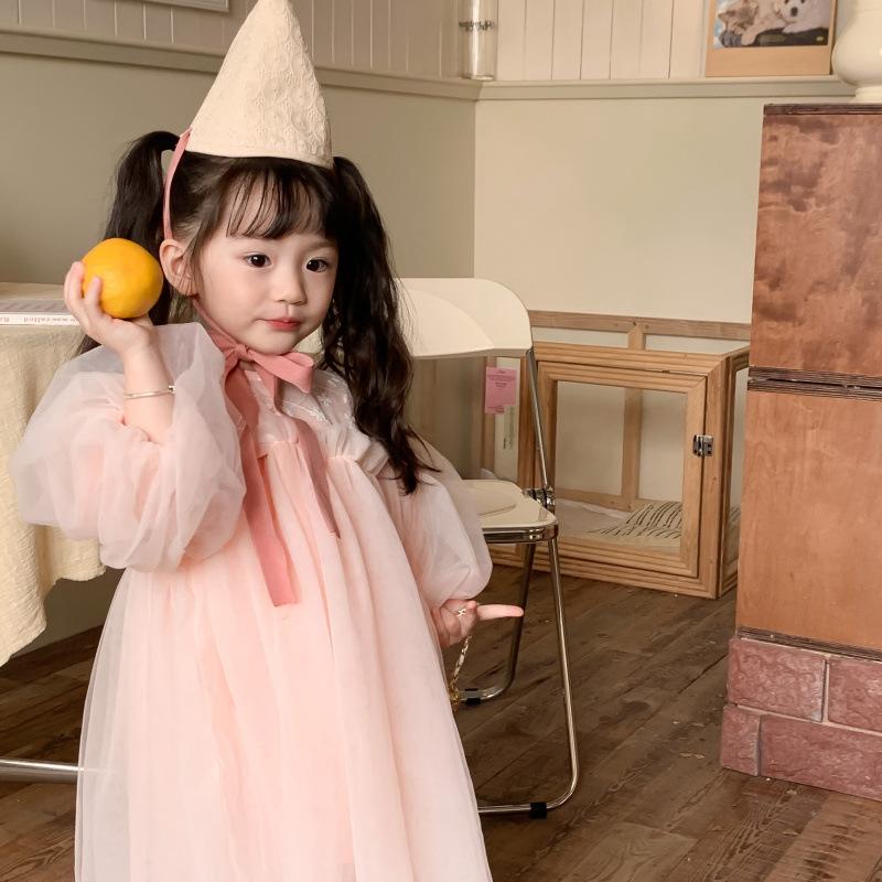 Kinder Kleidung Frühling Sommer Langarm Dünne Spitze Tüll Kleid Koreanischen Stil Mädchen Prinzessin Mode Süße Fee Mesh Kleider