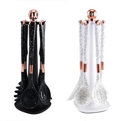 Conjunto de 7 peças de utensílios de cozinha de silicone para cozinhar com espátula, colher, assento giratório e suporte de armazenamento para panelas antiaderentes