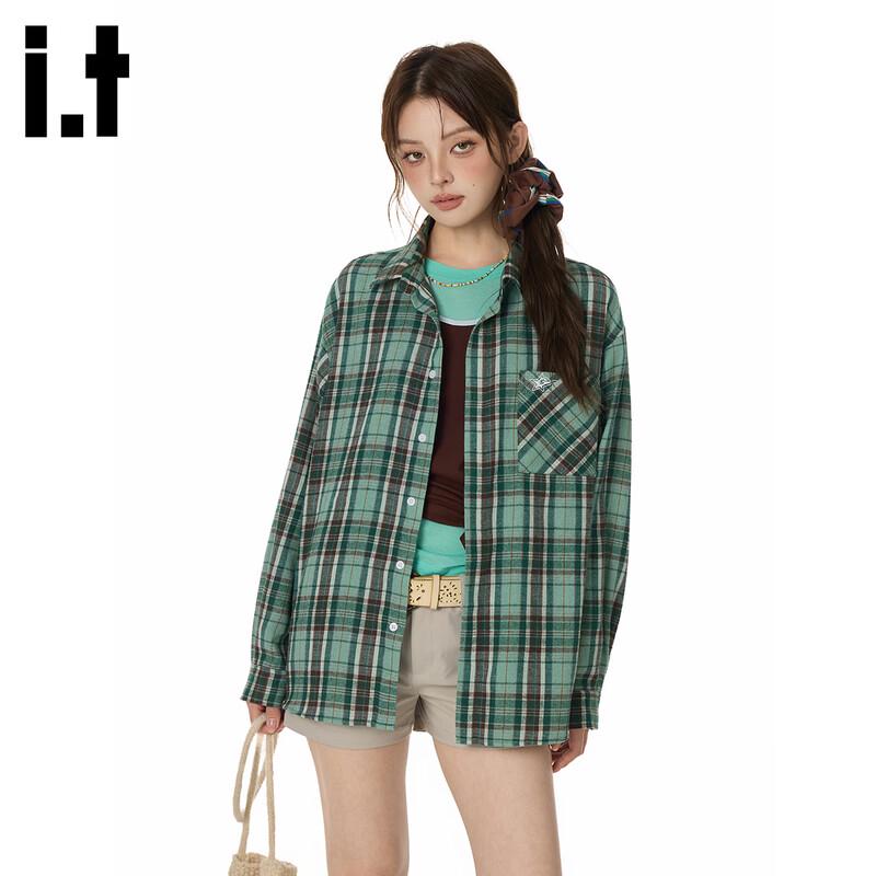 GROUND ZERO Unisex Letter Print Plaid Color-block Loose Shirt