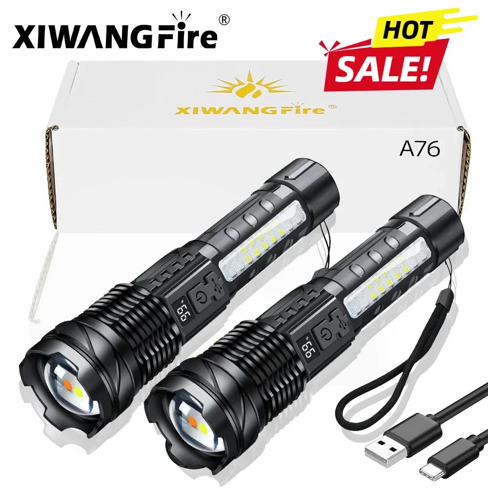XIWANGFIRE A76 Super Bright Flashlight Zoom Torch Dual Light Sources 10 Modes Built-in1200MaH Battery Camping Emergency Working