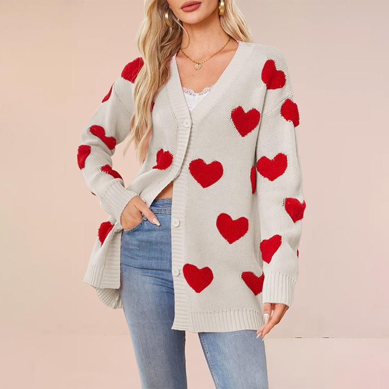New Valentine's Day love knitted cardigan V-neck button medium and long coat for women