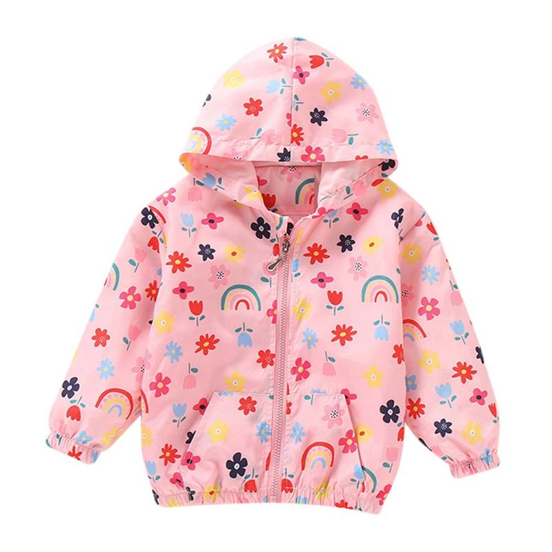 2-10 Years Kids Girls Printed Hooded Coat Thin Zipper Jacket