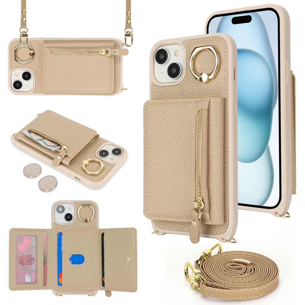 For iPhone 15 Plus/14 Plus Case Card Bag PU Leather+TPU Phone Cover with Ring Kickstand