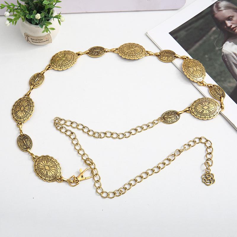 Chaîne de taille en métal de style rétro pour femme, ceinture réglable en forme de cercle décoratif sculpté, accessoires de style haut de gamme