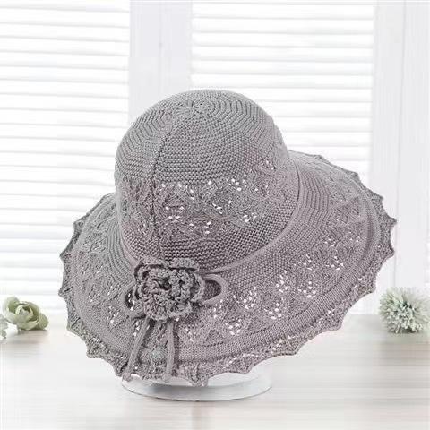 Ladies summer big eaves sunshade cotton thread knitted streamer cool hat foldable outdoor ruffle flower beach hat