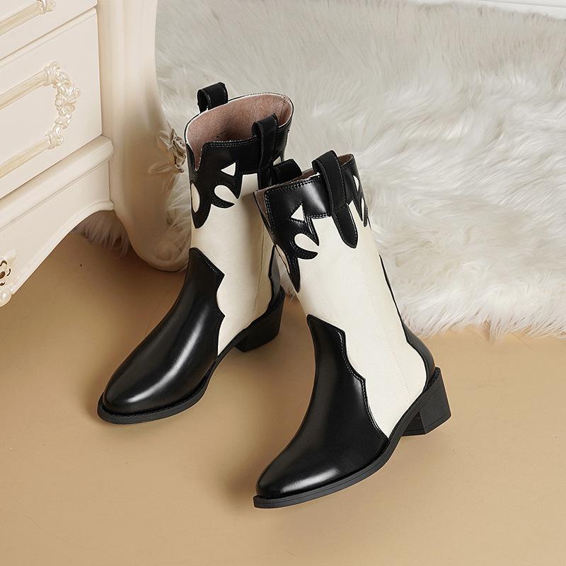 Foreign Trade Large Size Women's Boots Autumn and Winter Retro Versatile Splicing Thick Heel Short Boots Ins Western Cowboy Boots Tide