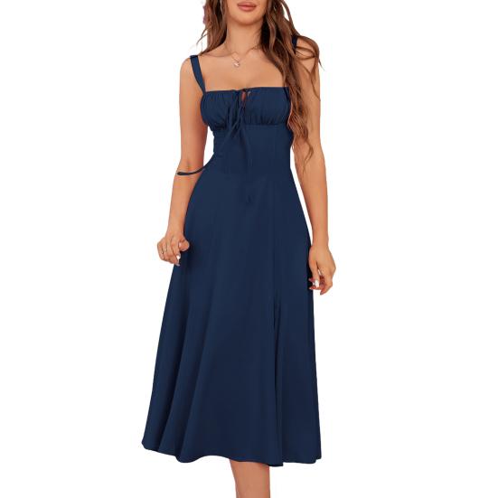 Women Sleeveless Dress Spaghetti Strap Square Neck Midi Dress Lace-Up Swing Long Dress Flowy A-Line
