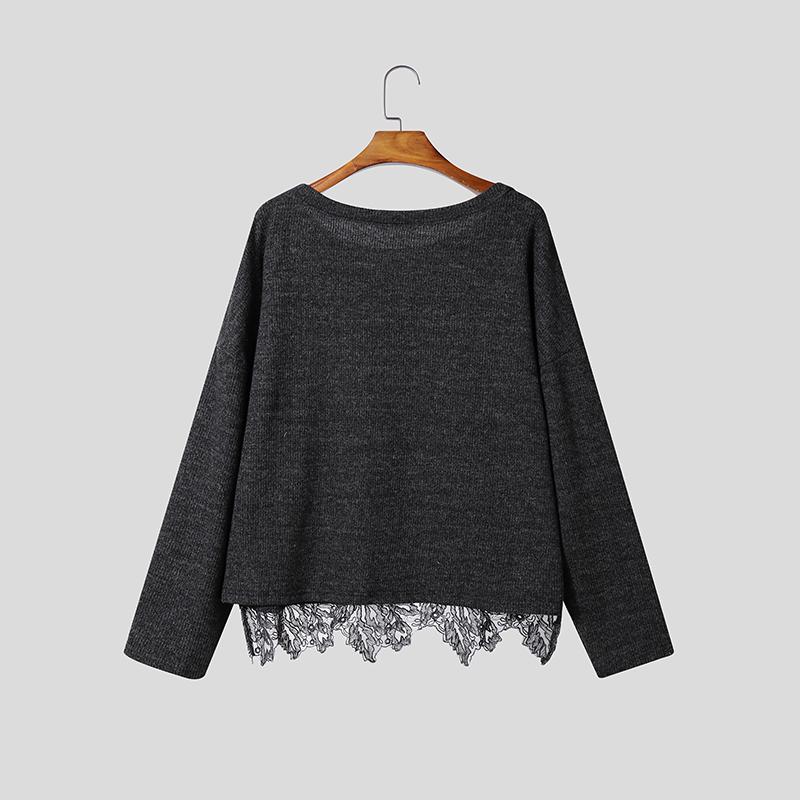 Autumn Women Off Shoulder Long Sleeve Lace Patchwork Knitted Sweater Jumper Pullovers