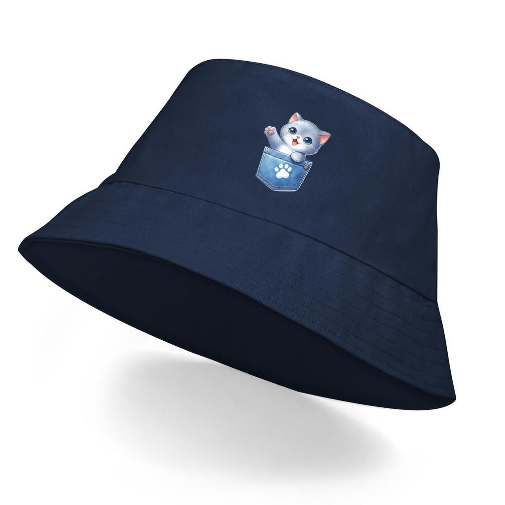 Bucket Hat With Cute Cat Print , Dog Claw Pocket Fisherman Cap Solid Color Wide Brim Unisex Basin Hat