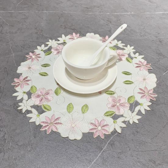 Embroidered Flower Placemat, Round Floral Coaster Placemat, Heat Resistant Table Protector Mat for Dining Table Cup Vase Wedding Party Decoration