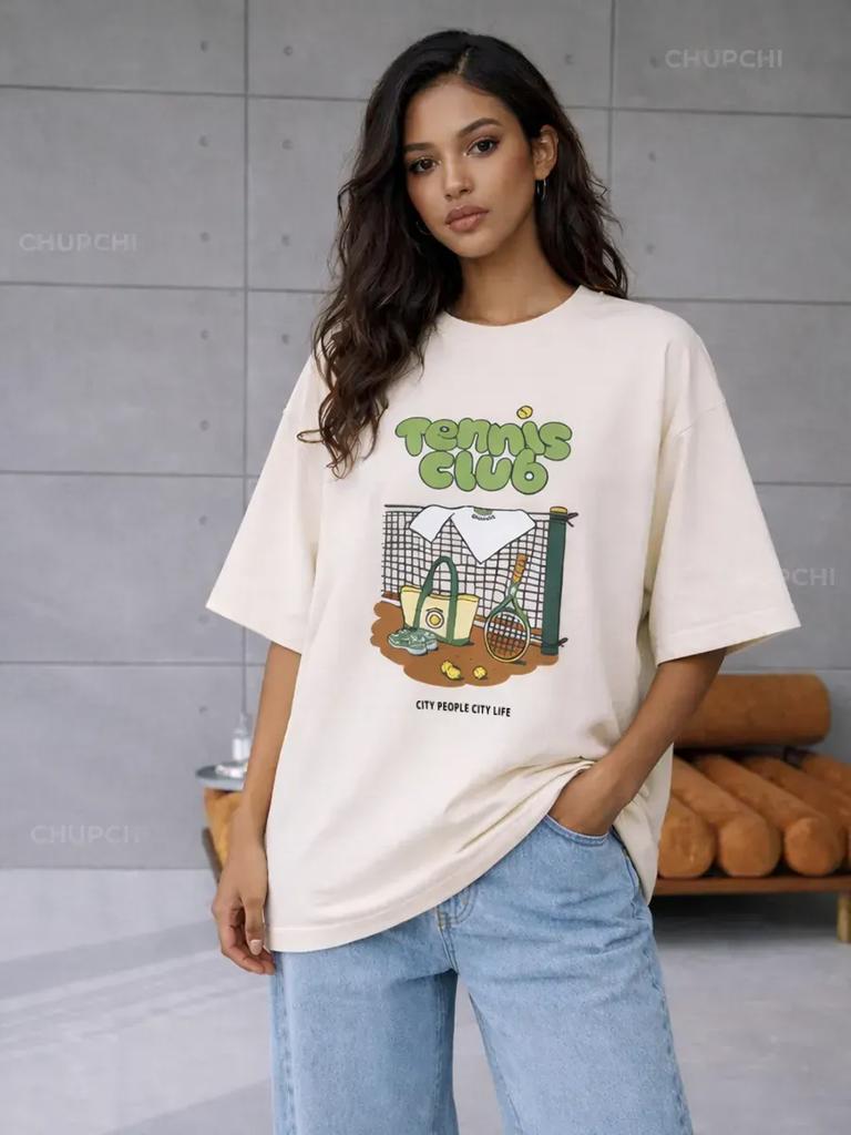 Thick Milky Oversized T-Shirt with Tennis Club Print
