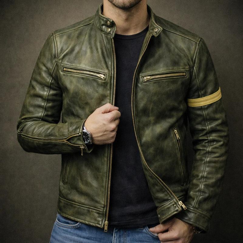 Fall Men's Vintage Leather Slim Stand-Up Collar Double Zip Youth Jacket Punk Bike Leather Jacket