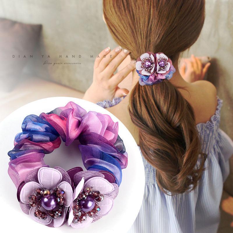 Korean Elegant Flower Scrunchies Women Girls Elastic Hair Rubber Bands Accessories Tie Hair Ring Rope Ponytail Holder Headdress