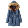 Women Hooded Plus Velvet Corduroy Coat Ladies Winter Cotton Coat Thickened Mid Length Warm Jacket