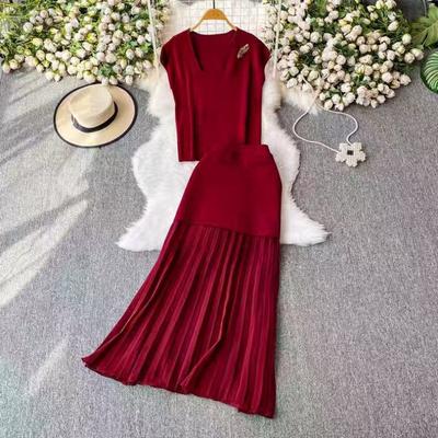 Simple Casual Dress Set Pin-neck Sleeveless Short Top Long Pleated Skirt Two-piece