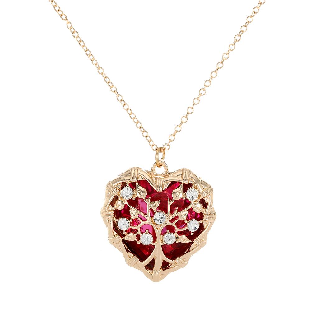 Luxury Hollow Out Heart Rhinestone Locket Pendant Necklace Green Red Pink Purple Blue Roseo Color Crystal Inside For Women