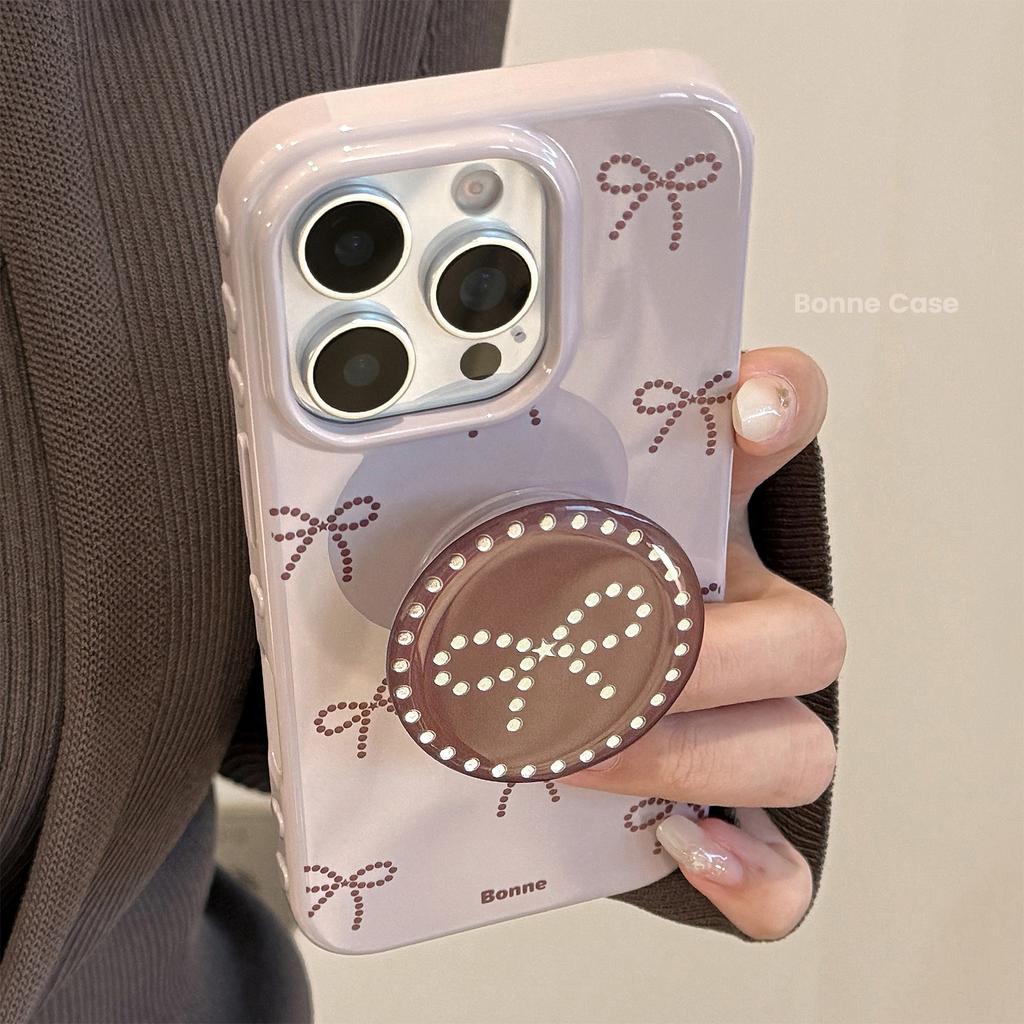 Styl Ins Szaro-Fioletowa Kokardka do Etui na Telefon Komórkowy Apple 17pro Max dla IPhone15Dla14 Pozłacany Stojak 16 Miękki