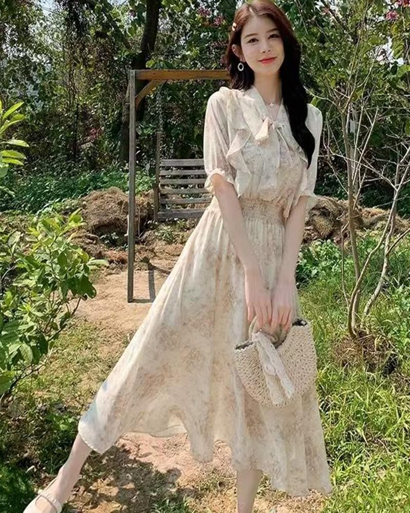 Collecala Summer Small Floral Print Bow Tie Chiffon Resort Perfect for and Women's Dress, Shirt, A-Line, Dress, Travel, Work, Dates, After-Parties