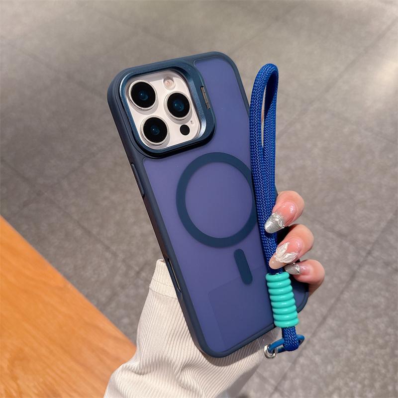 

Luxury Matte PC Magnetic For Magsafe Cases For Apple iPhone 17 16 15 14 Plus 13 12 11 Pro Max Air Short Hand Rope Lanyard Cover iPhone 16 тёмно-синий
