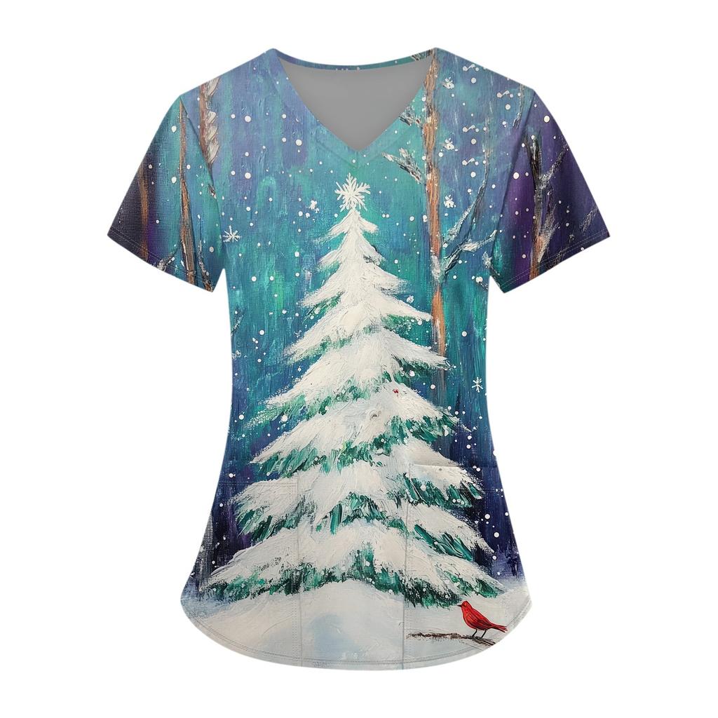 Hauts d'uniforme de travail imprimés grande taille pour femmes, col en V croisé, imprimé Halloween, manches courtes, t-shirts amusants, t-shirts de travail avec poches