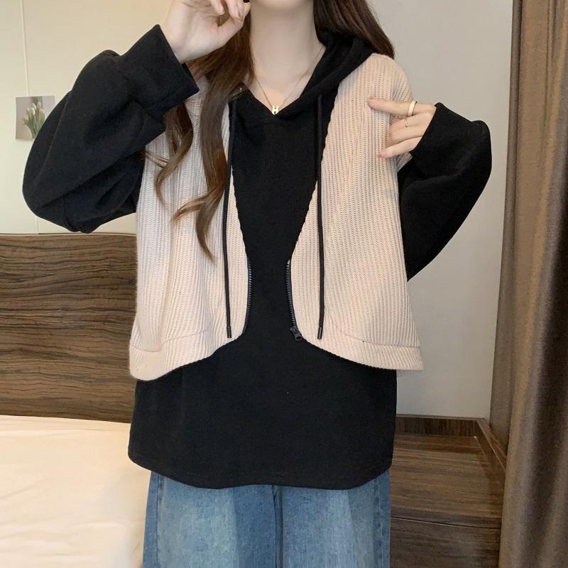 New Style Autumn and Winter Women's Contrasting Color Hooded Long Sleeve Fake Two Pieces Oversized Fashionable Casual Tops