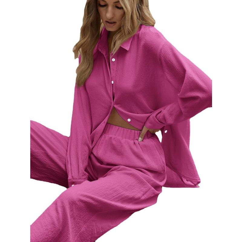 Womens Textured Two Piece Outfit Loose Shirt And Wide Leg Pants Set S розовый