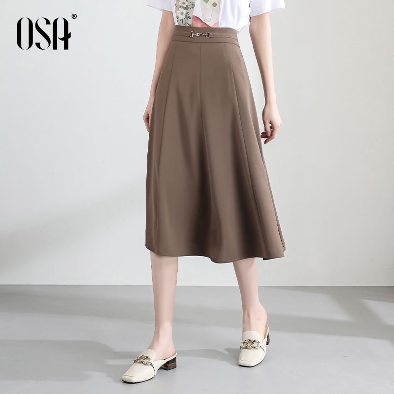

OSA Black Work Clothing Mid Length Long Length Slimming Skirt Brown-thin S