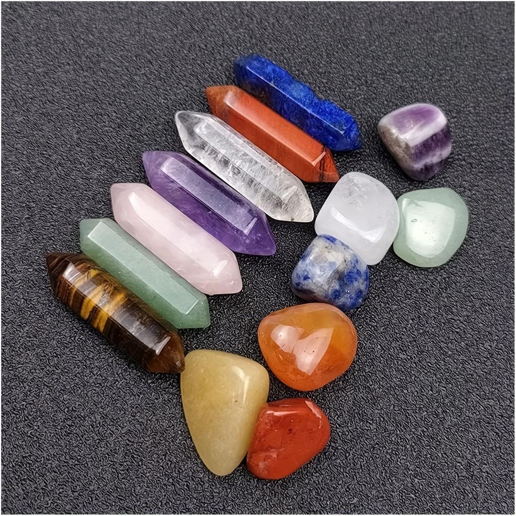 14pcs Natural Stone Double Terminated Points Irregular Tumble Pebble Black Box Set Holiday Gift Box Tiger Eye Rose Quartz
